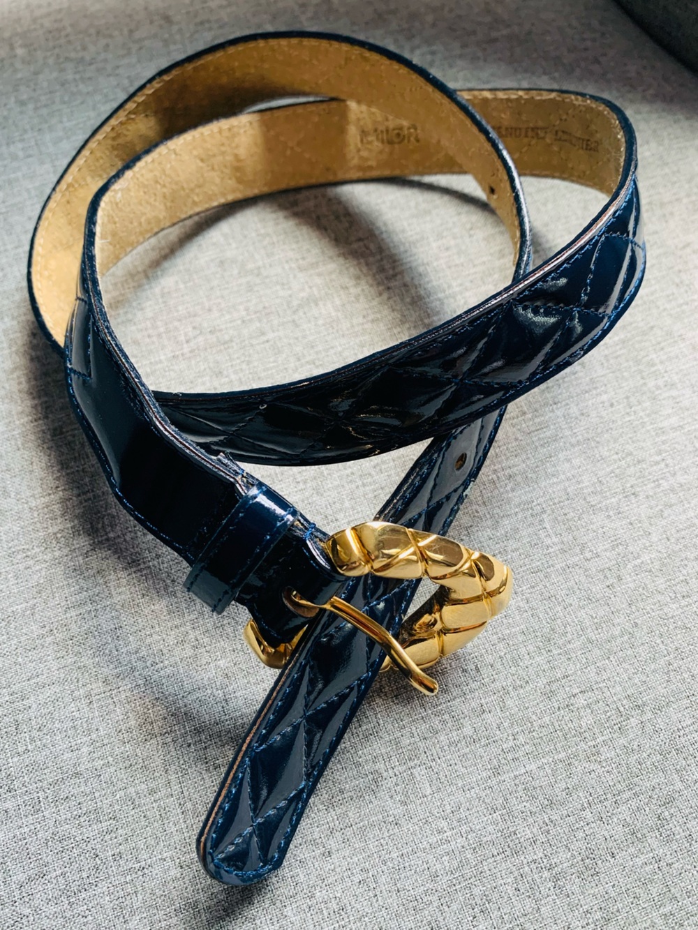 Vintage MILOR Patent Leather Belt Navy Blue Quilted Design Gold Hardware EUC